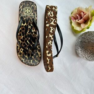 Tory Burch Leopard Print Flip Flops - Black and Brown